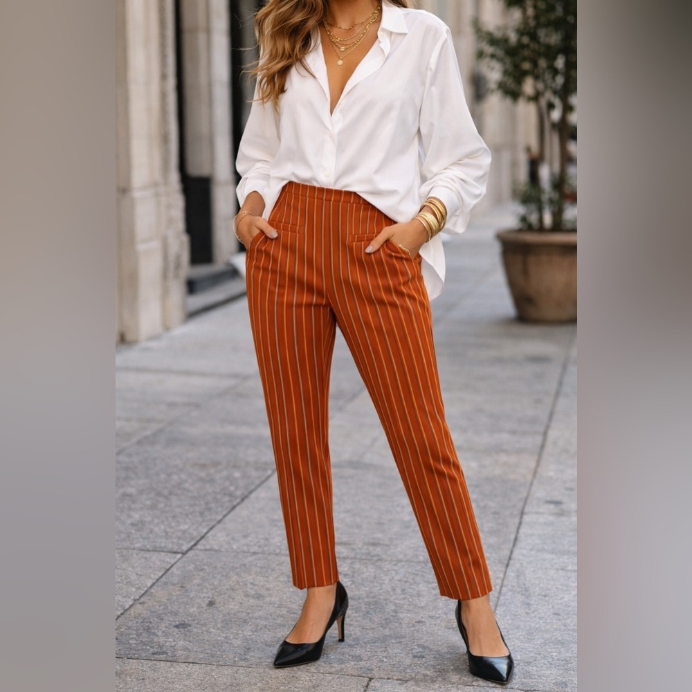 Anthropologie Rust Pinstripe Straight-Leg Pants with Cream Stripes